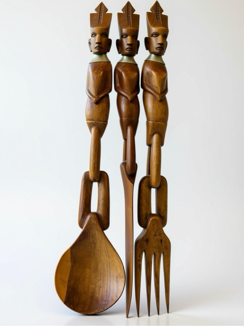 Vintage 16” Hand Carved Wood Salad Server Set African Style Spoon Fork Knife
